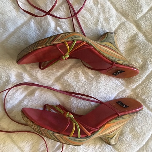 Stuart Weitzman Pink and Yellow Wedges with Chic Straps - Picture 4 of 5